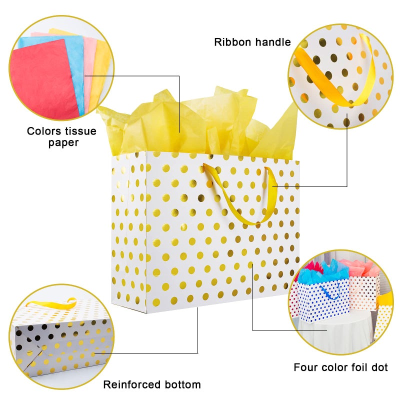 Plauthus 15.7" Extra Large Gift Bags for Presents with Tissue Paper for Birthday Party and Baby Shower (4 Pack, Gold, Rose Gold, Blue, Red metallic dots) - Image 4