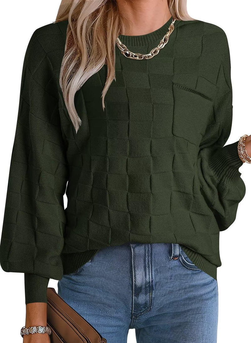 FEKOAFE 2025 Spring Sweaters Checkered Long Sleeve Sweaters Lightweight Sweaters Crew Neck Trendy Tops with Pocket Casual Pullovers Dark Green Large - Image 1