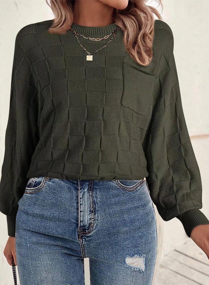 FEKOAFE 2025 Spring Sweaters Checkered Long Sleeve Sweaters Lightweight Sweaters Crew Neck Trendy Tops with Pocket Casual Pullovers Dark Green Large - Image 3