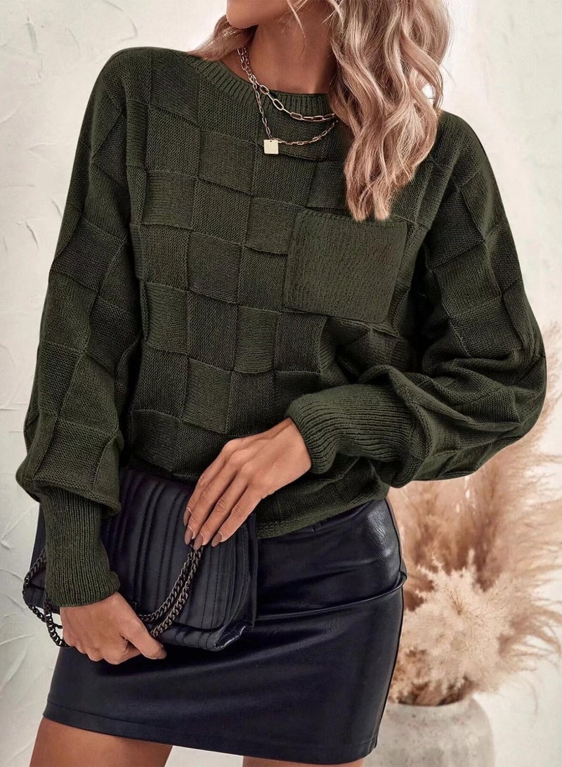FEKOAFE 2025 Spring Sweaters Checkered Long Sleeve Sweaters Lightweight Sweaters Crew Neck Trendy Tops with Pocket Casual Pullovers Dark Green Large - Image 4