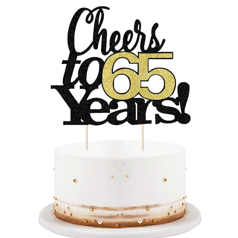 LVEUD Black Font Golden Numbers Cheers to 65 Years Happy Birthday Cake Topper -Wedding Anniversary Birthday Party Decorations (65th) - Image 1