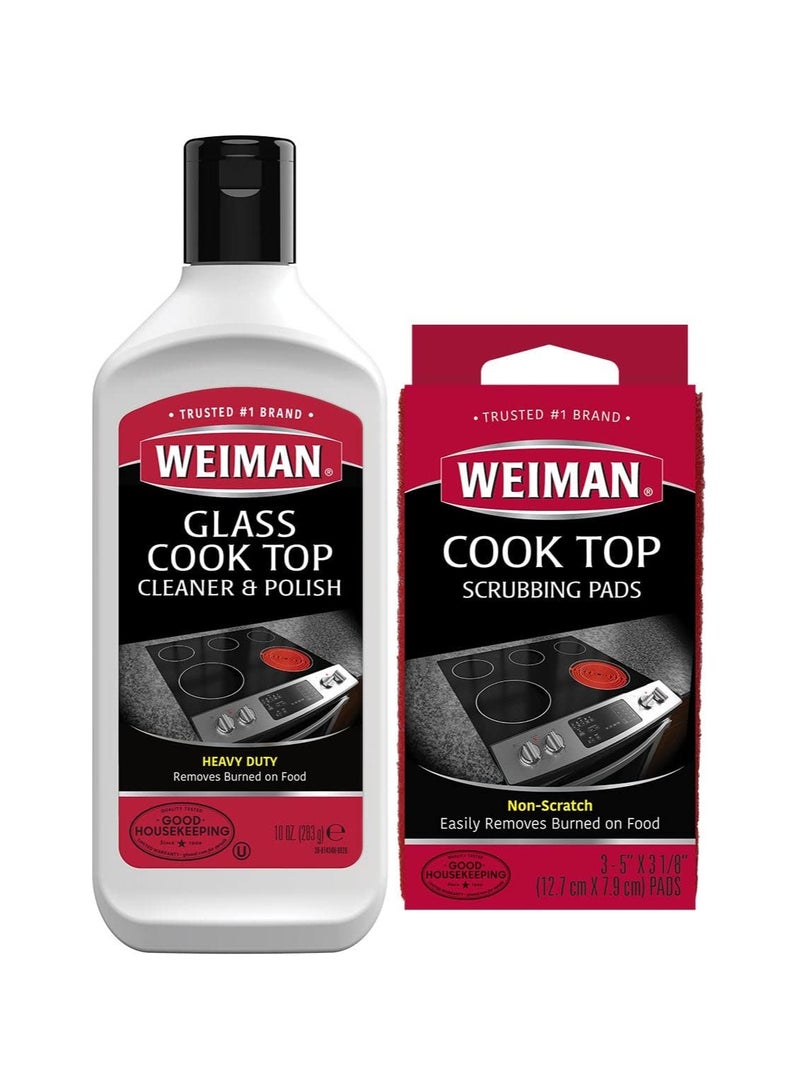 Weiman Ceramic & Glass Cooktop Cleaner - Heavy Duty Cleaner and Polish [ 10 Ounce Bottle and 3 Scrubbing Pads ] - Image 1