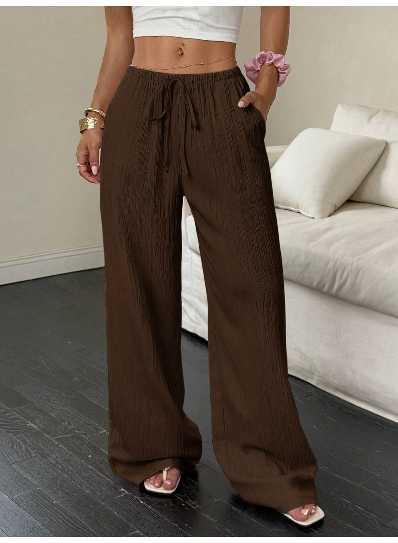 general 2025-2026 Women's casual solid-textured fabric knotted waist slant pocket wide-leg pants - Image 1