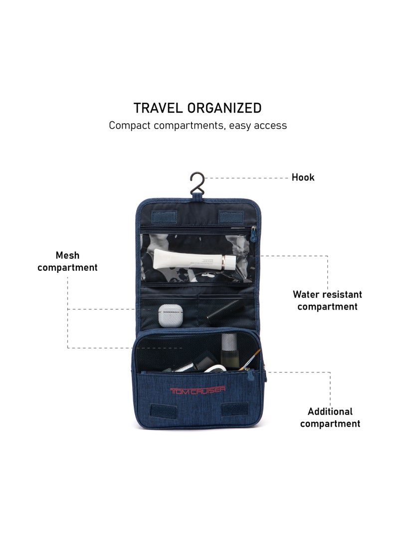 TOM CRUISER Hanging Travel Toiletry Bag, Tri-Fold Polyester Organizer with 360° Hook, Clear PVC Liquid Pocket, Mesh Compartments & Water-Resistant Exterior, Navy Blue - Image 3