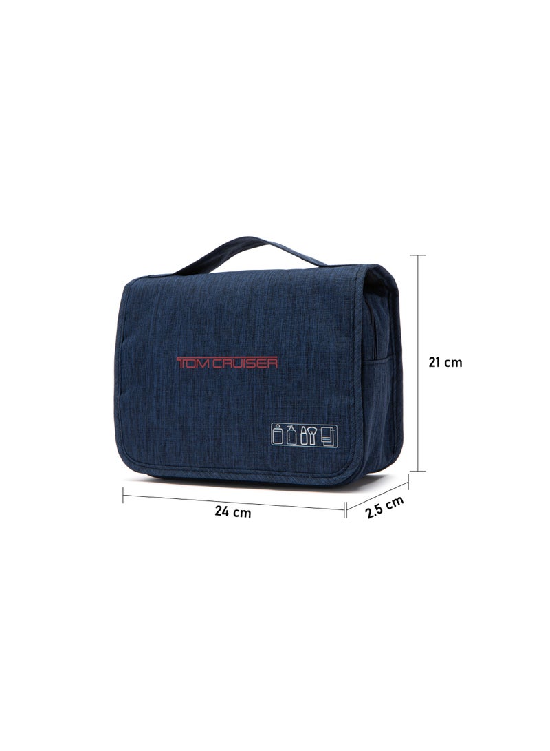 TOM CRUISER Hanging Travel Toiletry Bag, Tri-Fold Polyester Organizer with 360° Hook, Clear PVC Liquid Pocket, Mesh Compartments & Water-Resistant Exterior, Navy Blue - Image 4