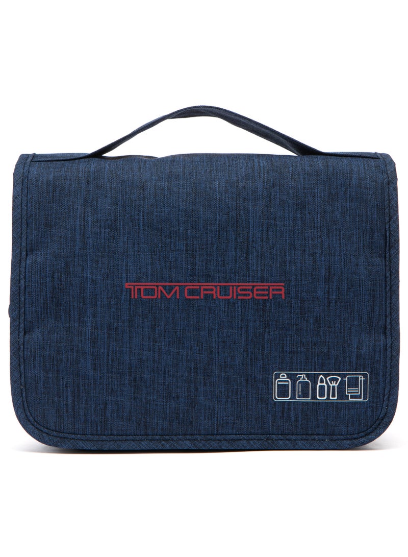 TOM CRUISER Hanging Travel Toiletry Bag, Tri-Fold Polyester Organizer with 360° Hook, Clear PVC Liquid Pocket, Mesh Compartments & Water-Resistant Exterior, Navy Blue - Image 1