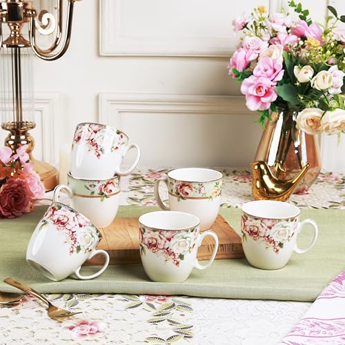 Vigneto Floral Pistachio Green Coffee Mug Set | Set of 6 Mugs, 200 ML | Finest Premium Porcelain | for Coffee/Tea | Scratch Resistant | Lead Free | Perfect for Gifting - Image 1