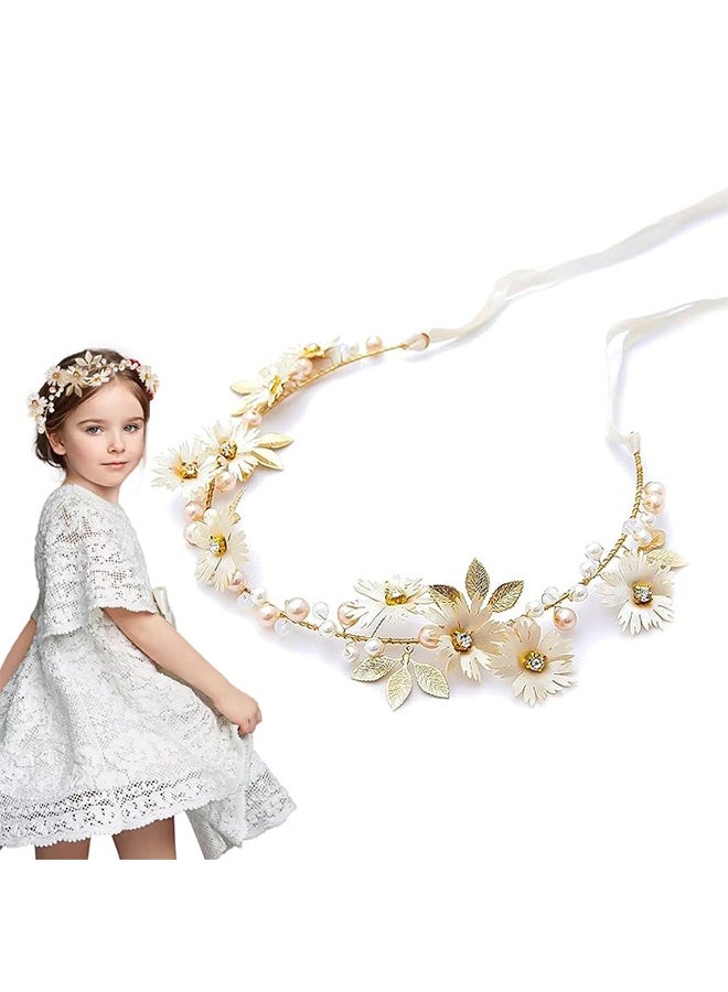 Ba Love Wedding Hair Accessories for Kids, Princess Headpiece White Flower Headband Pearl Hair Dress for Girl and Flower Girls Lovely Bridal Wedding Hair Band - Image 1