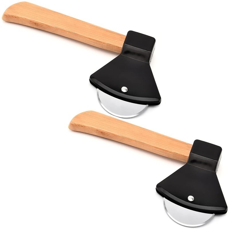 Dadamong 2Pcs Pizza Cutter Wheel Axe Shaped Stainless Steel Pizza Knife With Bamboo Handles and Sharp Rotating Blades Pizza Slicer Rolling Cutter for Pies Cookies Bread Cakes Black