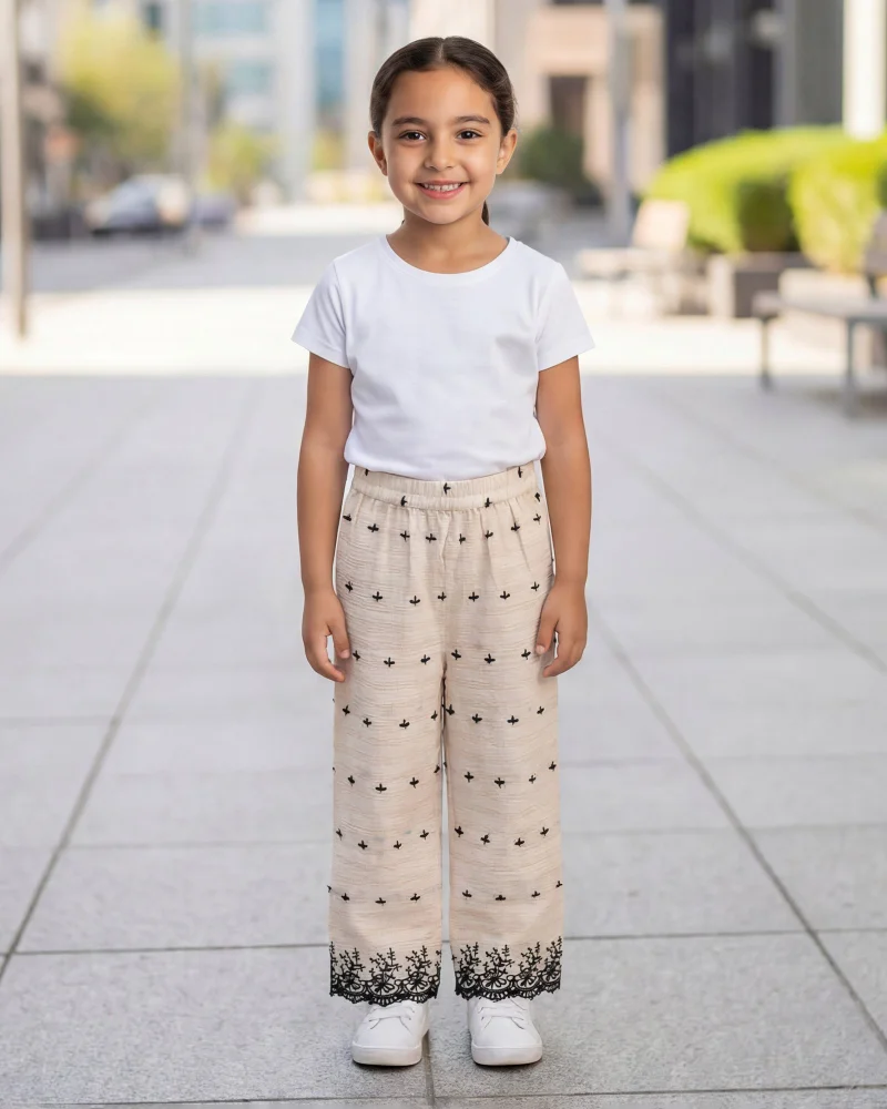 Redtag Girls Beige Schiffli Wide Leg Trousers