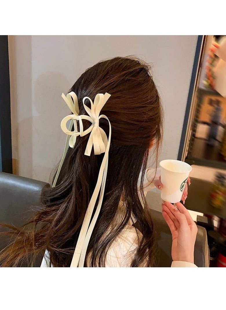 YangQian - Bow Claw Clip with Long Tail Bowknot Hair Clip with Long Tassel Ribbon Claw Clips for Thick Thin Hair Bows Clips for Women Girls White Bow Knot Hair Accessories for Women Girls - Image 1