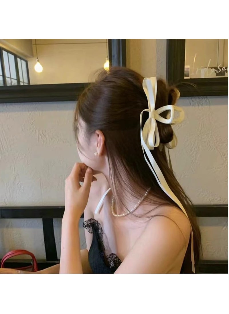 YangQian - Bow Claw Clip with Long Tail Bowknot Hair Clip with Long Tassel Ribbon Claw Clips for Thick Thin Hair Bows Clips for Women Girls White Bow Knot Hair Accessories for Women Girls - Image 1