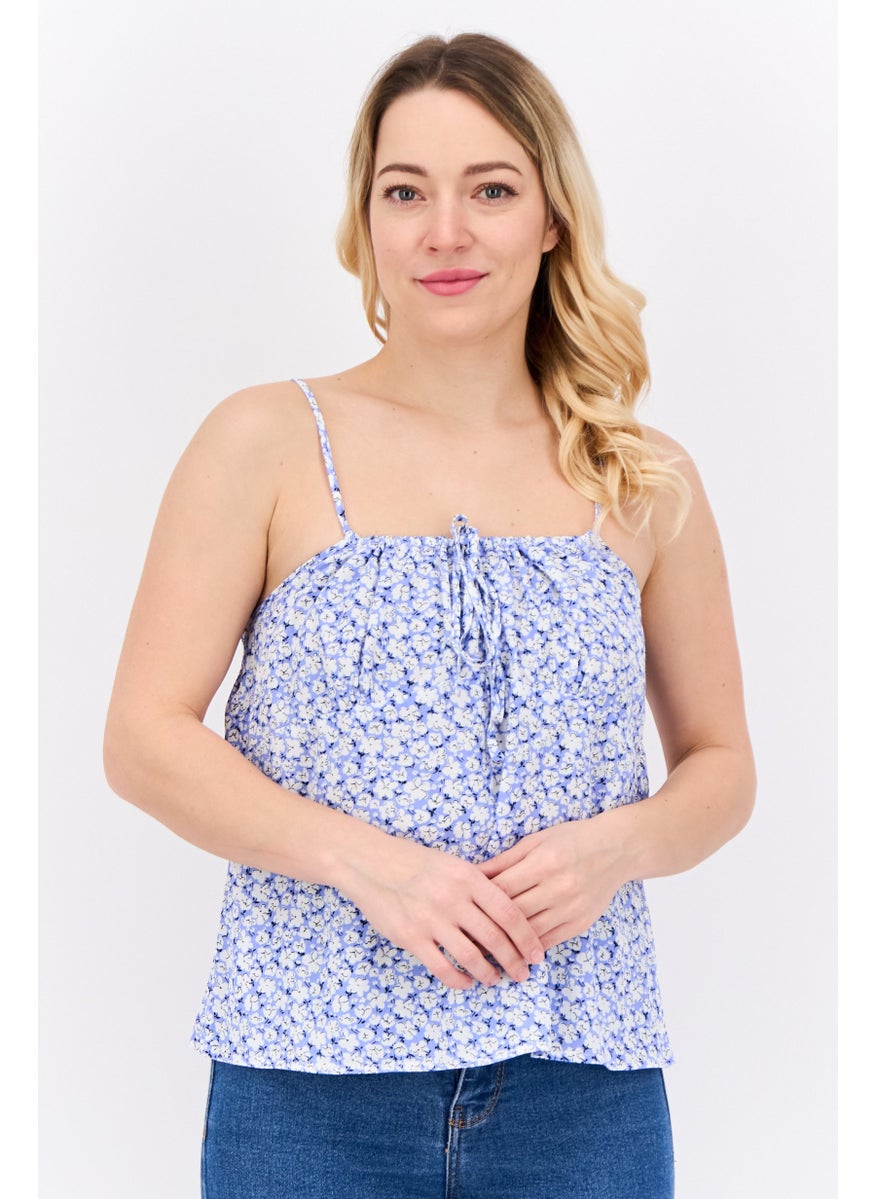 MANGO Women Square Neck Sleeveless Floral Top, White  - Image 1