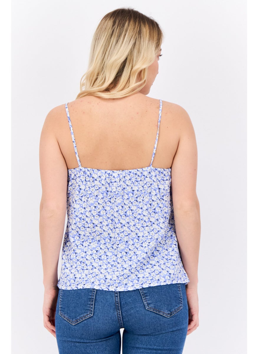MANGO Women Square Neck Sleeveless Floral Top, White  - Image 3