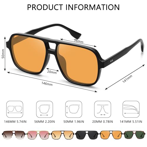 Fozono Classic Retro Aviator Sunglasses for Women Men Oversized Trendy Square Vintage Double Bridge Aviators Shades FZN821,Black/Yellow - Image 3