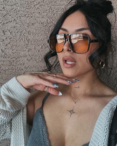 Fozono Classic Retro Aviator Sunglasses for Women Men Oversized Trendy Square Vintage Double Bridge Aviators Shades FZN821,Black/Yellow - Image 5