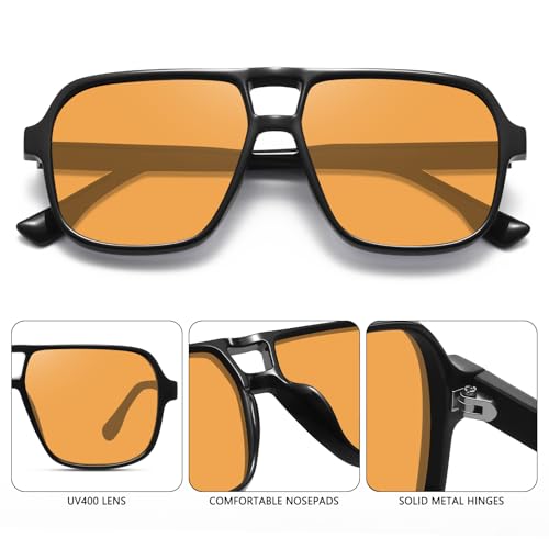Fozono Classic Retro Aviator Sunglasses for Women Men Oversized Trendy Square Vintage Double Bridge Aviators Shades FZN821,Black/Yellow - Image 4