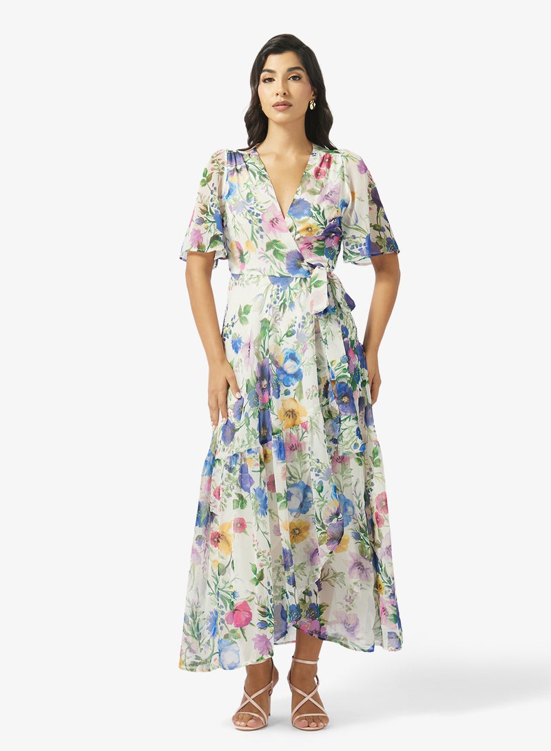 هوب اند ايفي فستان ماكسي ملفوف بأكمام فراشة وربطة خصر - Image 1