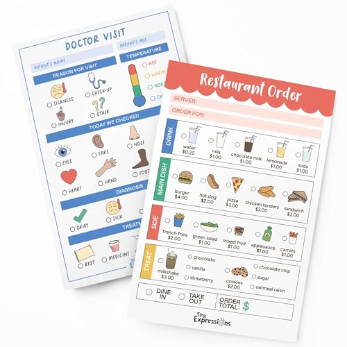 Tiny Expressions Playtime Notepads - 2-Pack Kids Pretend Play Notepads - 40 Pages Order-Taking Restaurant & 40 Pages Doctor Visit Notepad - Waiter and Doctor Imaginative Role Play - Image 1