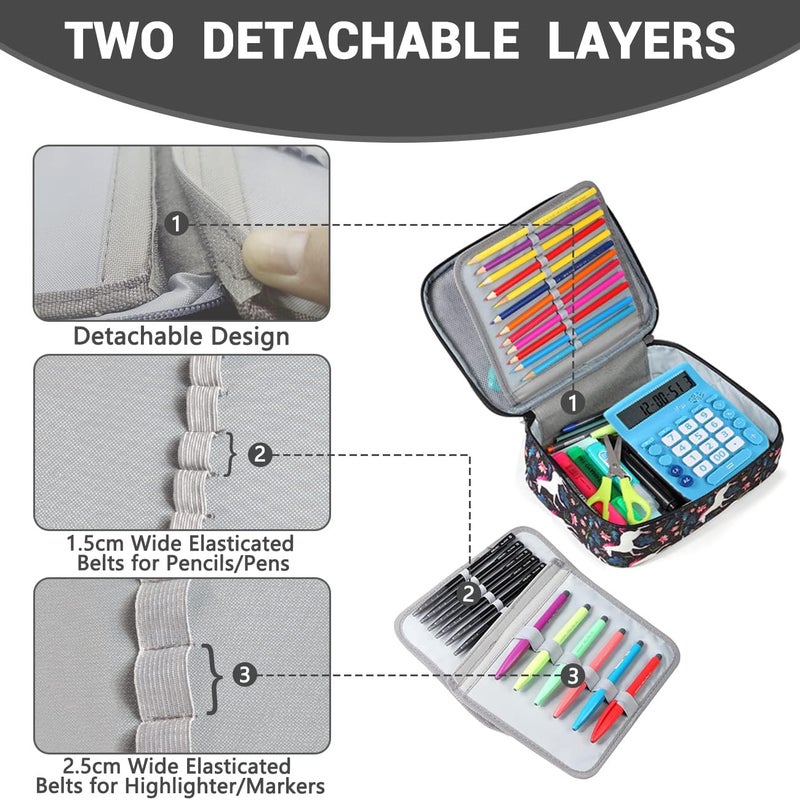 VASCHY Large Pencil Case, Pen Pouch Bag with Detachable Layers for Girls Portable Aesthetic Maker Holder with Big Compartment and Top Handle Desk Organizer for Adult Women College Office White Horse - Image 5