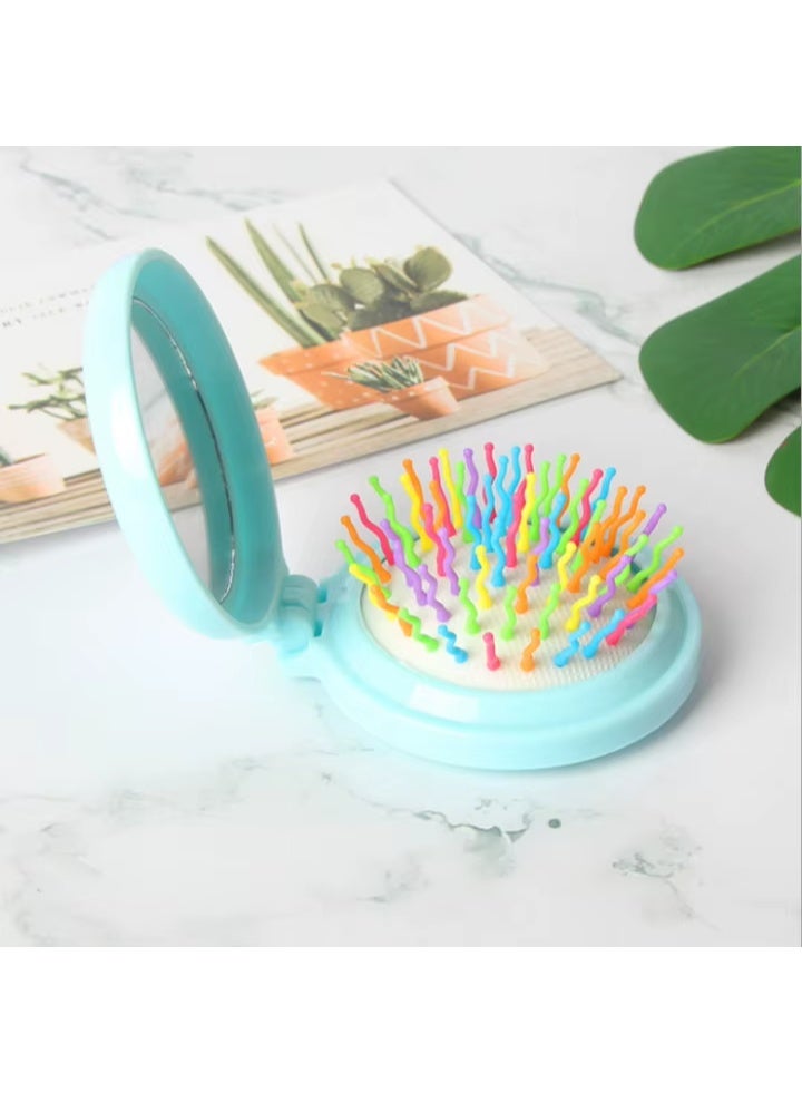 مشط تدليك دائري للشعرمشط تصفيف مع مراه قابله للطي مثالياً للاستخدام أثناء التنقل أو السفر. الأسنان المرنة توفر تدليكاً لطيفاً لفروة الرأس خفيفه الوزن (لبني) - Image 2