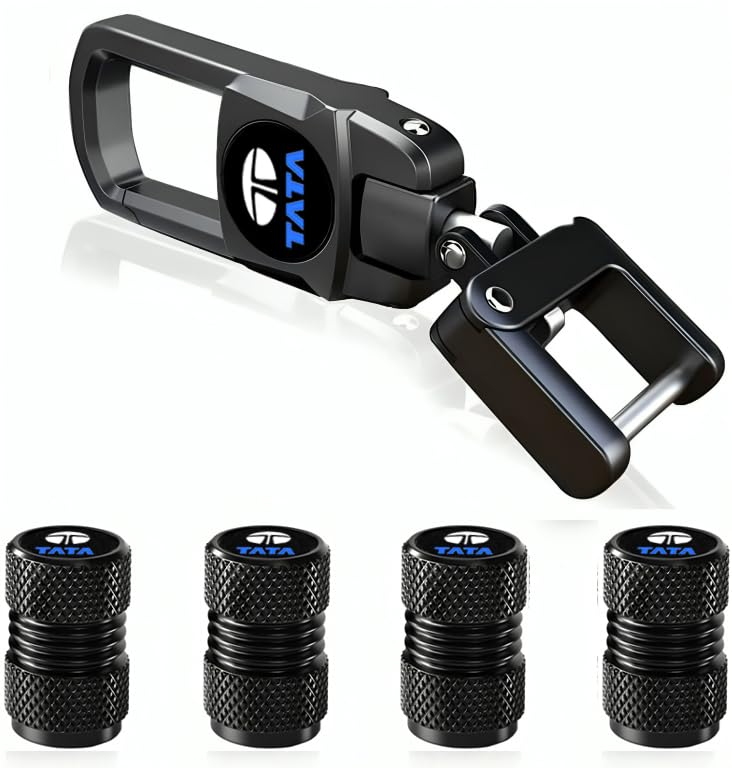 GREENWORLD BLACK HEAVY DUTY KEYCHAIN WITH 4 PIECE BLACK TYRE VALVE CAP WITH O-RING COMPATIBLE WITH NEXON HARRIOR SAFARI PUNCH ALTROS TIAGO TIGOR (FOR-TTA-TA) - Image 1