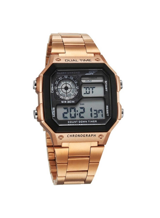 Sonata ساعة رقمية للرجال 77134PM04 - قرص وردي ذهبي، سوار من الفولاذ المقاوم للصدأ، عرض مزدوج للوقت، مقاومة للماء حتى 30م - Image 1
