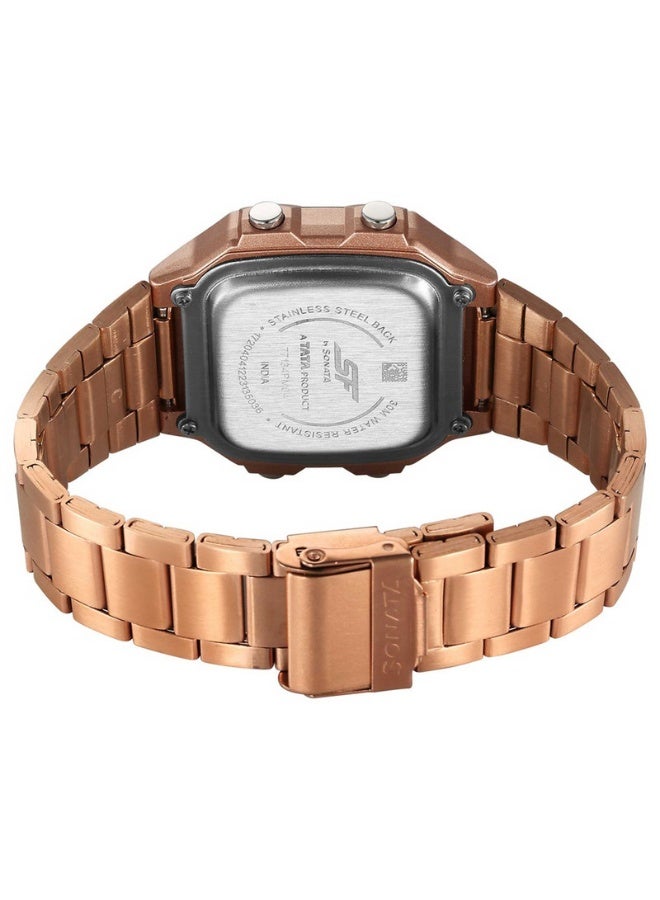 Sonata ساعة رقمية للرجال 77134PM04 - قرص وردي ذهبي، سوار من الفولاذ المقاوم للصدأ، عرض مزدوج للوقت، مقاومة للماء حتى 30م - Image 4