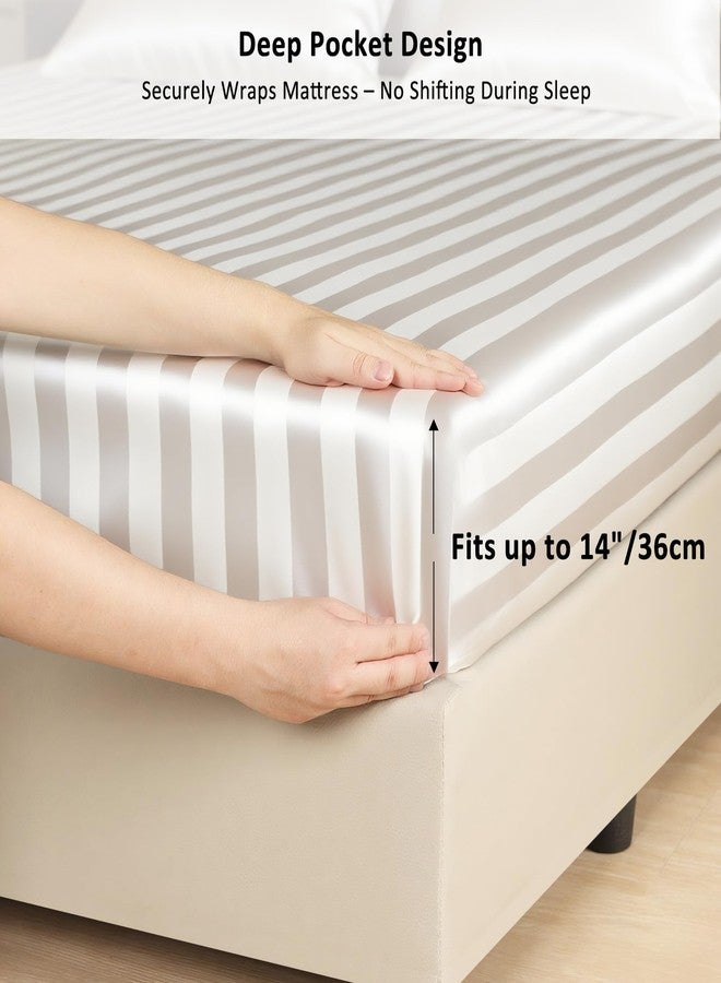 Lirex Satin Fitted Sheet, Silky & Soft Polyester Satin Weave Bed Sheets, 14" Deep Pocket with Elastic Corner Straps, King, White Stripes - Image 3