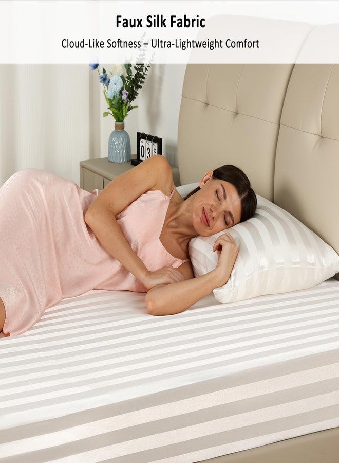 Lirex Satin Fitted Sheet, Silky & Soft Polyester Satin Weave Bed Sheets, 14" Deep Pocket with Elastic Corner Straps, King, White Stripes - Image 2