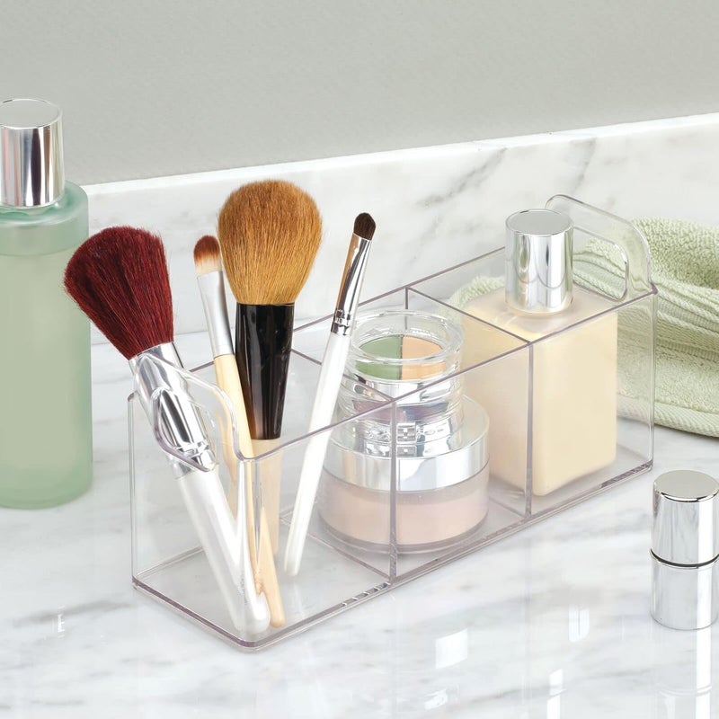mDesign Plastic 3-Compartment Bathroom Organizer Storage Bin - Divided Makeup Caddy and Hair/Beauty Product Holder Tray - Perfect for Vanity, Counter, and Cabinet - Lumiere Collection, 2 Pack, Clear - Image 2
