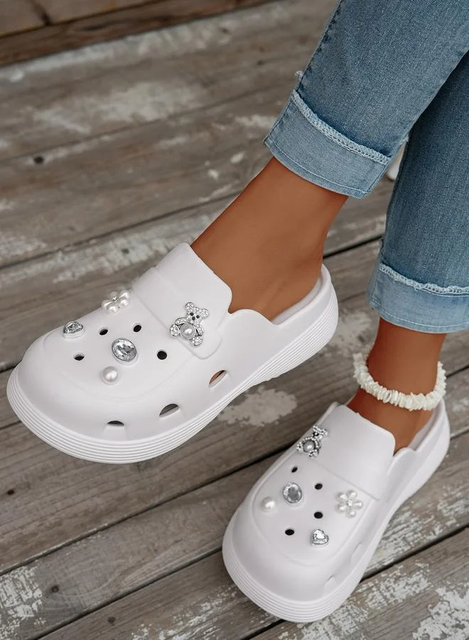 Take Two White Embellished Slides Clogs