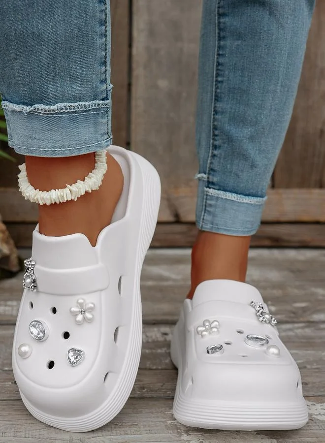 Take Two White Embellished Slides Clogs