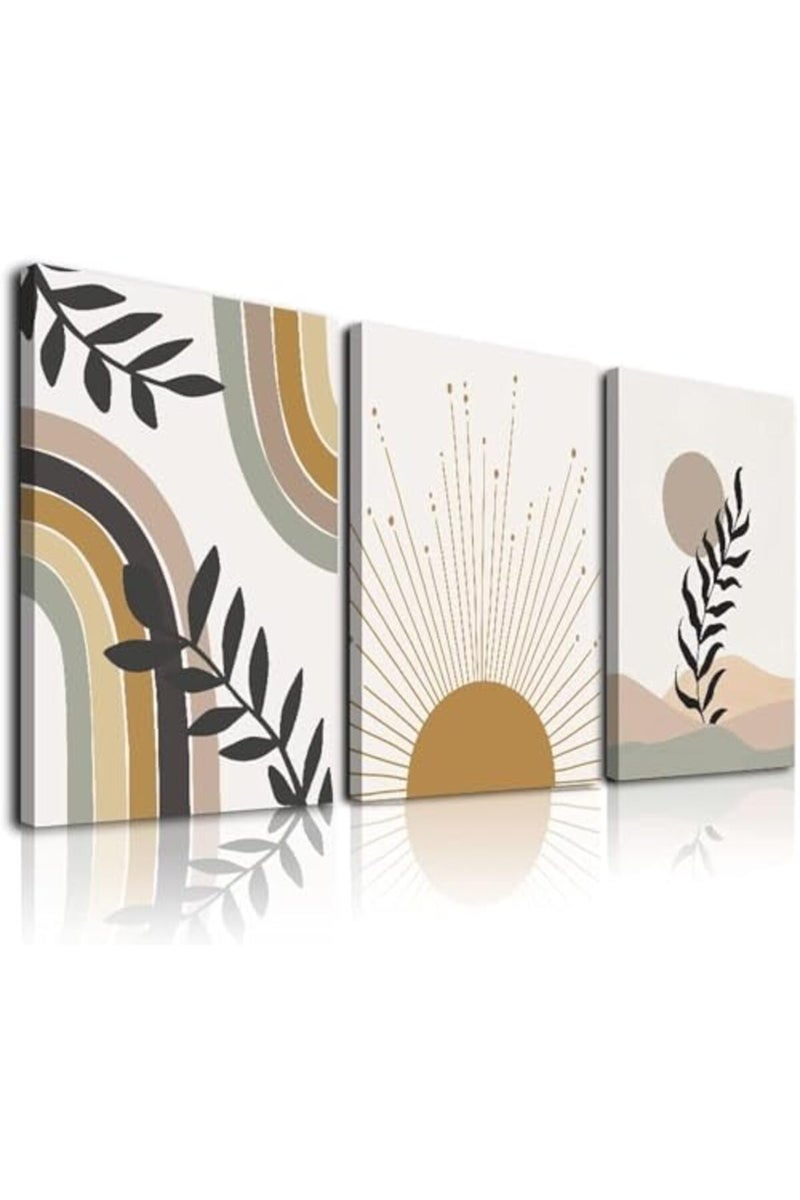 KBKBART Minimalist Boho Wall Art, Boho Wall Decor, Framed Canvas Wall Art Sun Moon Palm Leaf Mountain Rainbow Beige Artwork Prints, Neutral Geometric Mid-Century Modern Posters for Living Room, Bedroom - Image 2