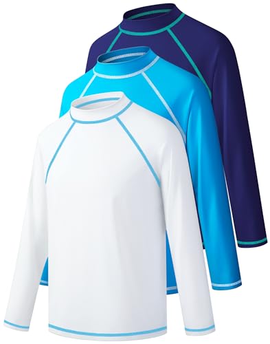 BIGANT 3 Pack Boys Rash Guard Swim Shirt Long Sleeve UPF 50 Sun Protection Kids Youth SPF Water Beach Swimwear Tops Quick DryNavySky BlueWhite34T - Image 1