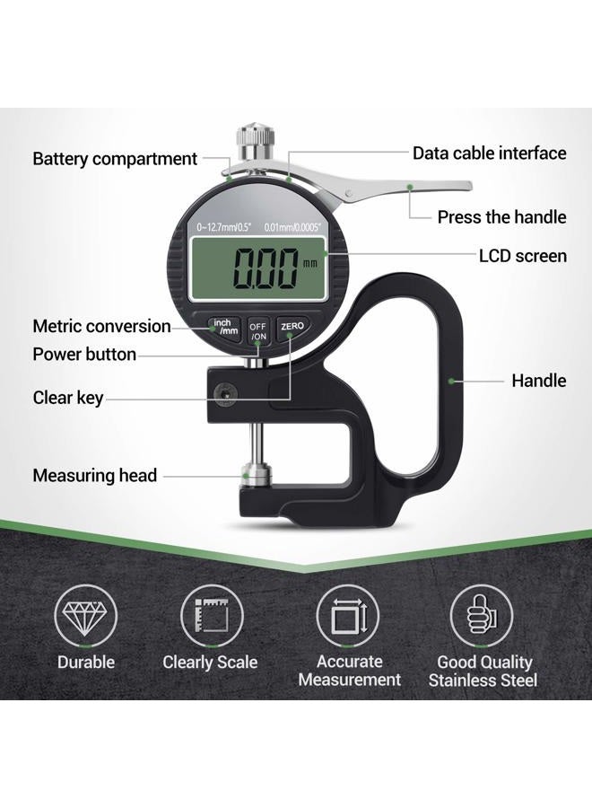 BNISE Digital Thickness Gauge 0.5 inch/12.7mm, 0.0005"/0.01mm, Thickness Meter Metric/inch Paper/Film/Fabric/Tape Thickness Gauge - Image 2