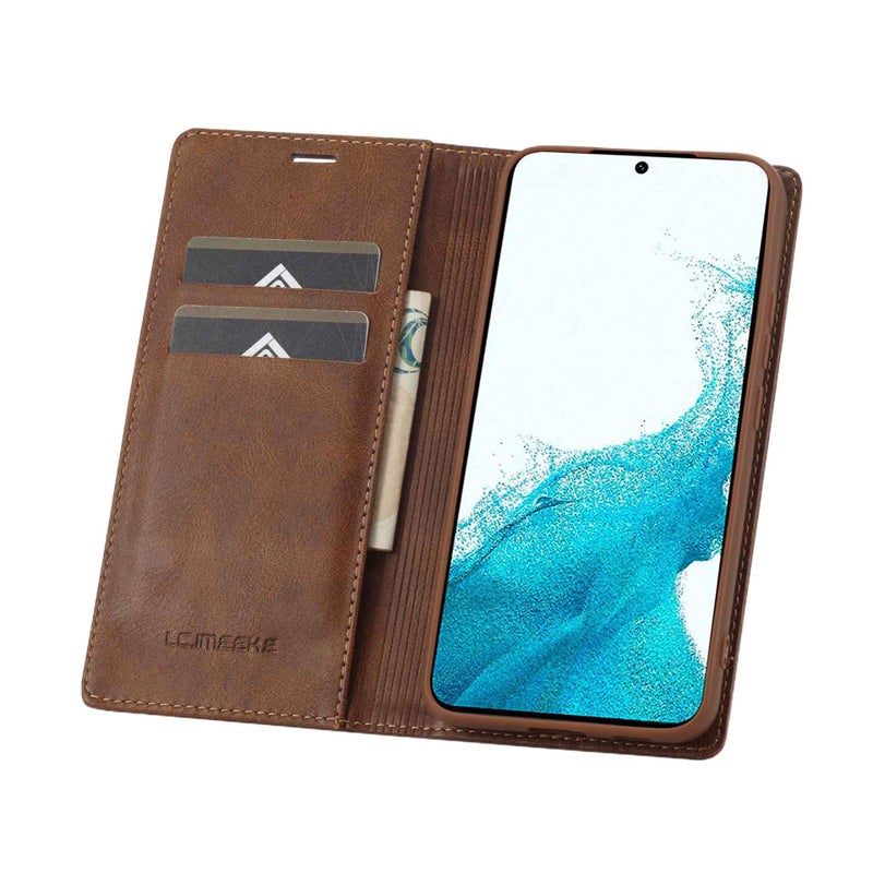 غطاء واقي بTPU باللون بني مغناطيسي بوظيفة حامل من مادة TPU لـ Samsung Galaxy S21 مع حامل بطاقات وحامل قائم مع مقاوم للصدمات مع مغناطيس قوي مع حماية من السقوط خفيف الحمل للطاولة - Image 5