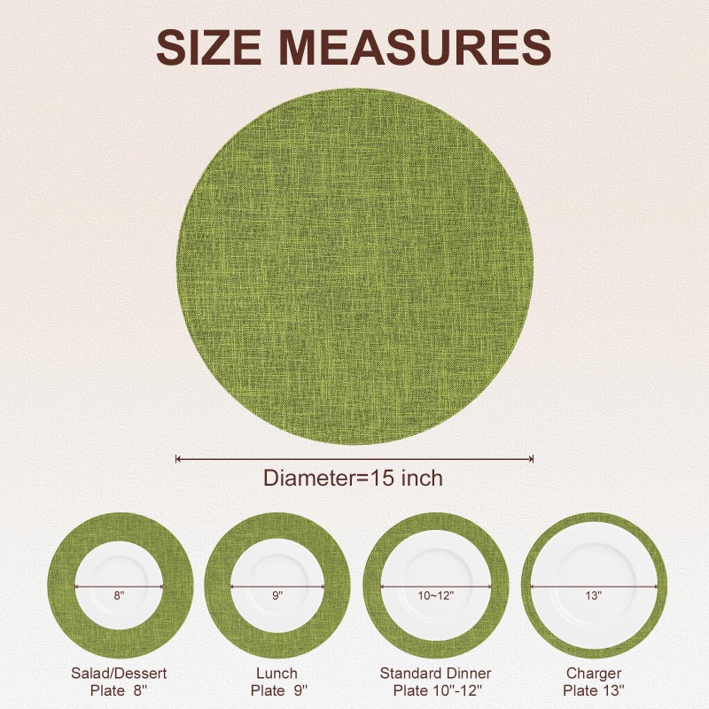 homing 15 Inch Round Cloth Placemats Set of 6, Cotton Linen Blend Washable Table Mats, Farmhouse Dining Place Mats for Indoors & Outdoors, Easy to Clean, Grass Green - Image 3