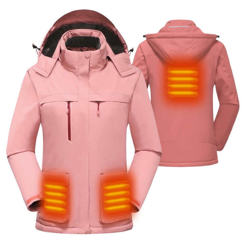 Heated Jacket: Pink M Size, Water Repellent Windproof Polyester, Soft Fleece Lining - 3 Heating Zones USB Powered, Adjustable Heat Settings, Detachable Hood for Outdoor Winter Activities - Image 1