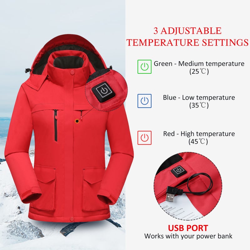 Heated Jacket: Pink M Size, Water Repellent Windproof Polyester, Soft Fleece Lining - 3 Heating Zones USB Powered, Adjustable Heat Settings, Detachable Hood for Outdoor Winter Activities - Image 5