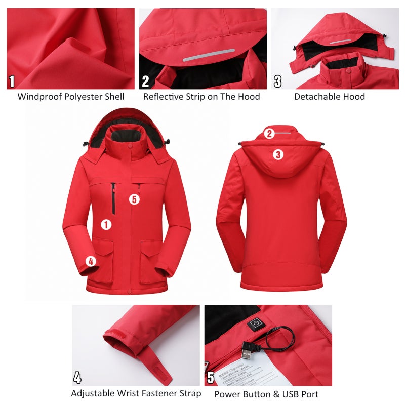 Heated Jacket: Pink M Size, Water Repellent Windproof Polyester, Soft Fleece Lining - 3 Heating Zones USB Powered, Adjustable Heat Settings, Detachable Hood for Outdoor Winter Activities - Image 4