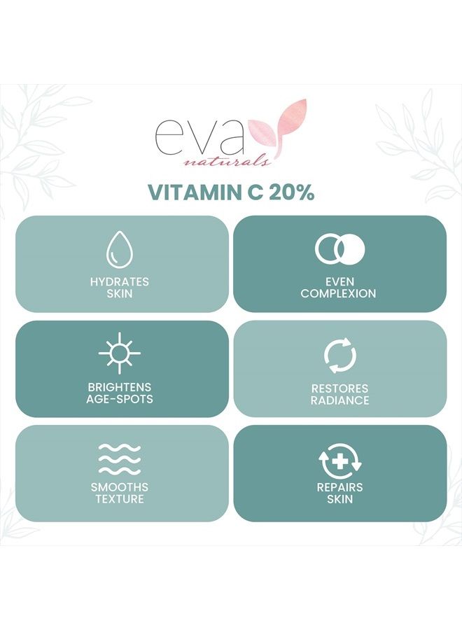 Eva Naturals Vitamin C Serum 20% For Face, Pure Vitamin C Face Serum for Wrinkles, Acne, Dry Skin, and Dark Spots - Facial Vitamin C Serum (1oz) - Image 3