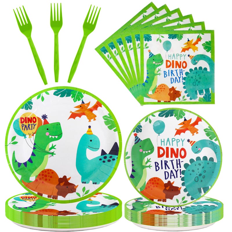 Dixutzi 96 Pcs Dinosaur Party Supplies Dinosaur Theme Birthday Party Decoration Includes Plates Napkins Forks Dino Tableware Set for Birthday Serves 24 Guests - Image 2