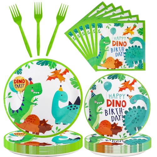 Dixutzi 96 Pcs Dinosaur Party Supplies Dinosaur Theme Birthday Party Decoration Includes Plates Napkins Forks Dino Tableware Set for Birthday Serves 24 Guests - Image 1