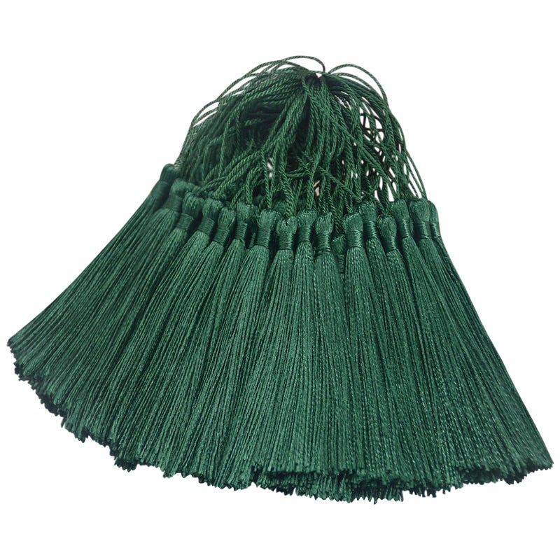 100pcs Silky Handmade Craft Tassels Mini Pendant for DIY Bookmark, Keychain, Garland, Graduation Cap, Curtains, Jewelry Making, Party Decoration, Sewing, Cushions and Home Decor (Dark Green)