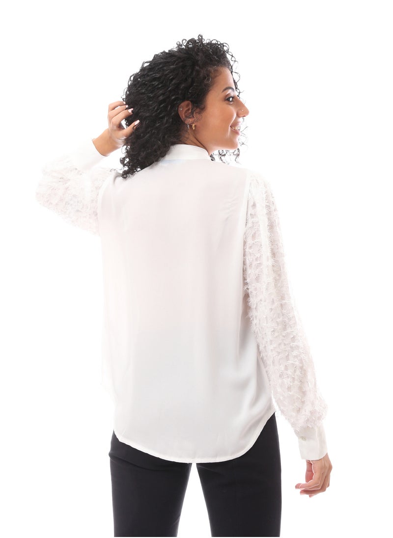 MERCH - V Neck Blouse With Tie And Sheer Sleeves - Image 1