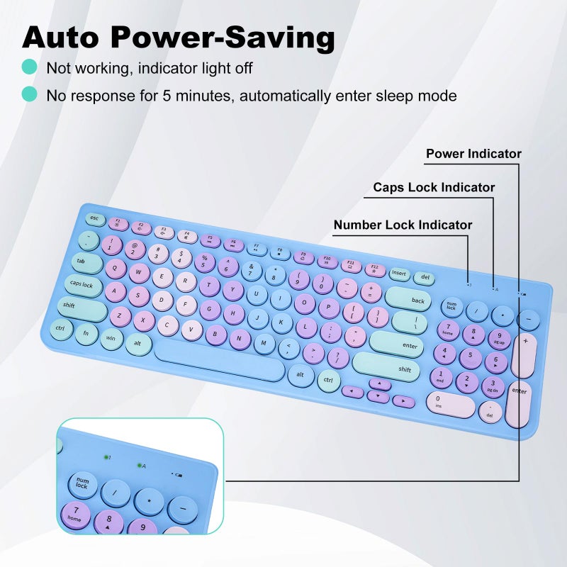 GUKJOB Wireless Keyboard and Mouse Combo, Retro Typewriter Keyboard with Round Keycaps, 2.4GHz USB Cute Wireless Keyboard Mouse for Computer, Desktop, Laptop and Computer (Rainbow Blue) - Image 3