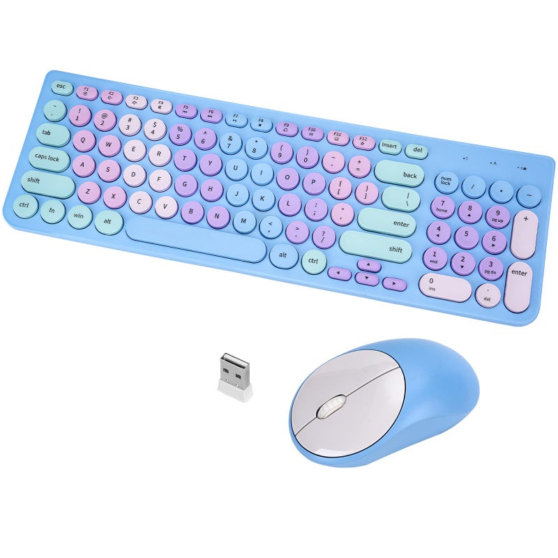 GUKJOB Wireless Keyboard and Mouse Combo, Retro Typewriter Keyboard with Round Keycaps, 2.4GHz USB Cute Wireless Keyboard Mouse for Computer, Desktop, Laptop and Computer (Rainbow Blue) - Image 1