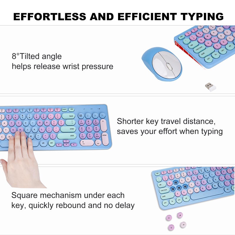 GUKJOB Wireless Keyboard and Mouse Combo, Retro Typewriter Keyboard with Round Keycaps, 2.4GHz USB Cute Wireless Keyboard Mouse for Computer, Desktop, Laptop and Computer (Rainbow Blue) - Image 4