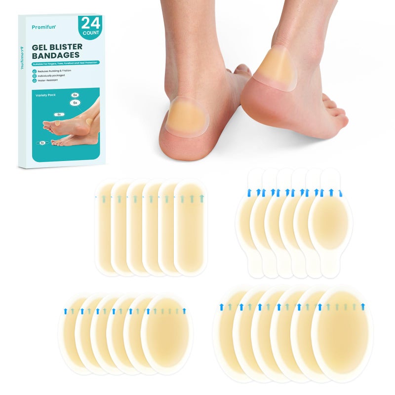 Promifun Hydrocolloid Gel Blister Bandages Pads - Promifun Waterproof Adhesive Blisters Bandages - Blister Pads for Heel, Foot, Toe, Feet - Gel Blister Chshions for Prevention & Recovery (24ct, Variety Pack) - Image 1
